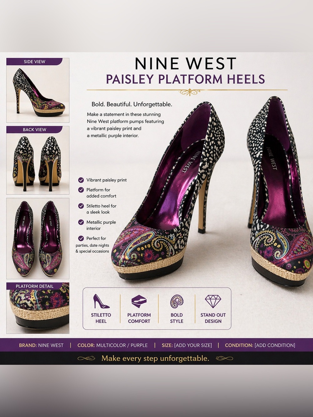 Nine West Multicolor Paisley Platform Pumps with Purple Interior size 9